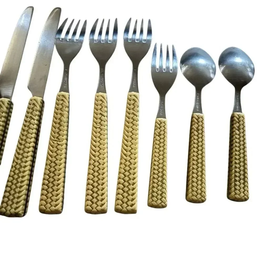 Faux Weaved Bamboo Flatware Lot Of 14